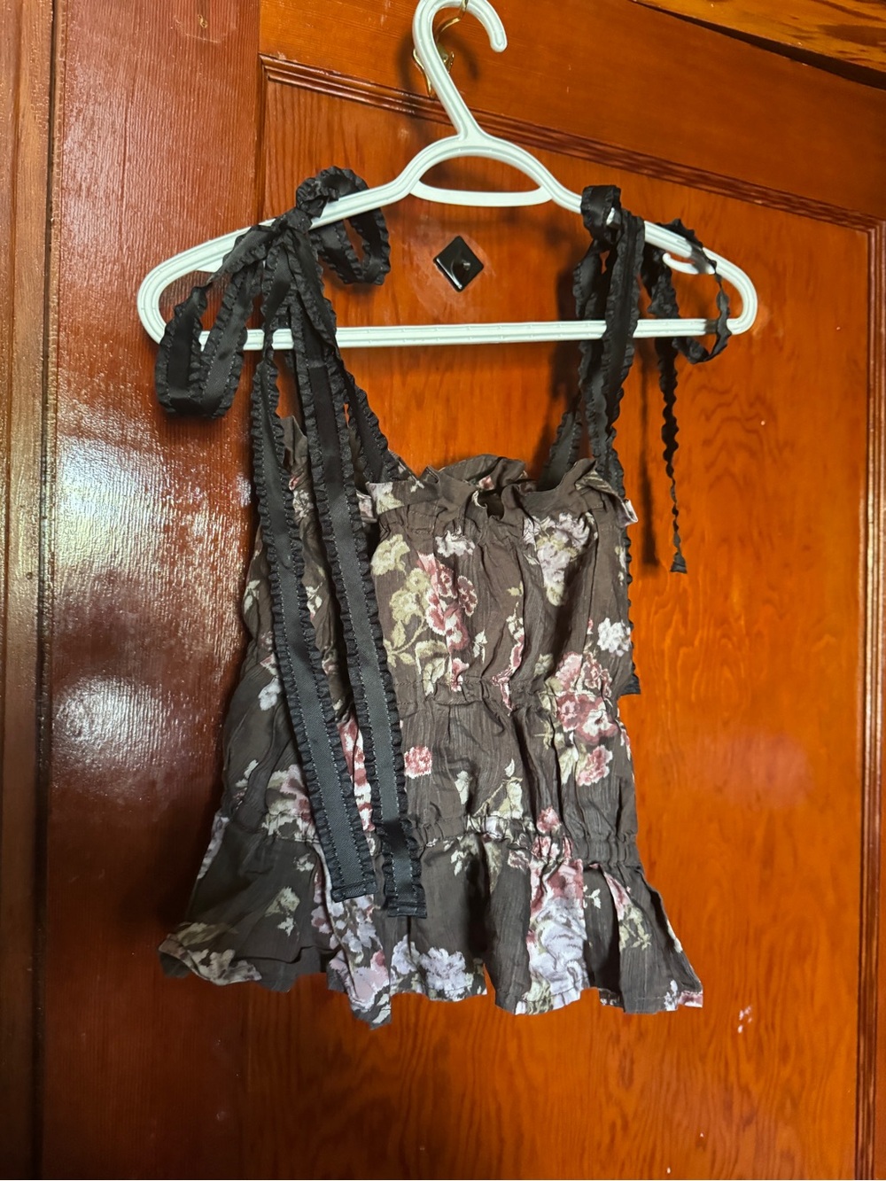 Brock x H&M Floral Brown Tie-Shoulder Ruffled Women's Top